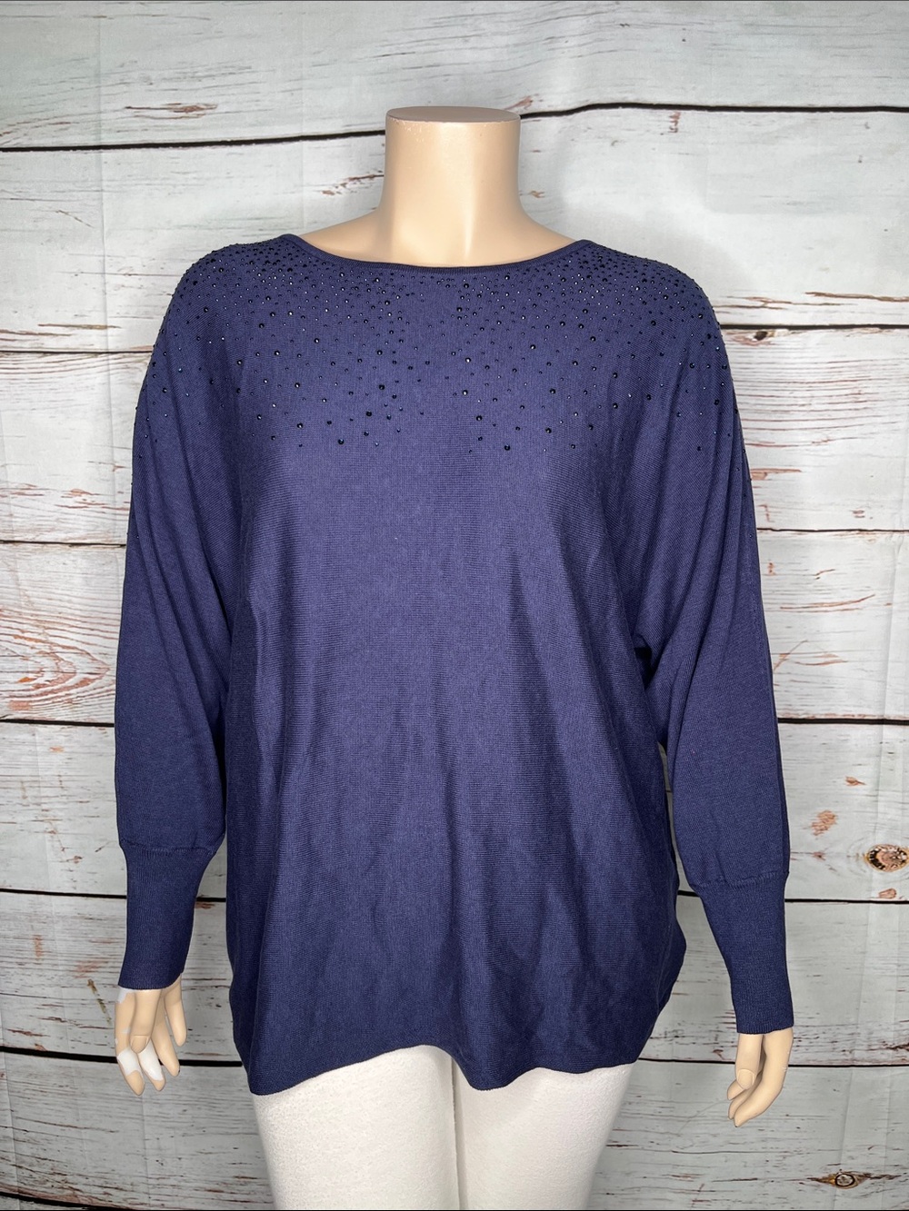 Belle by Kim Gravel NWT 1X Navy Embellished Dolman Sleeve Reversible Sweater Top